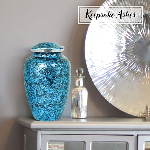 Alpha Living Home Cremation Urn for Human Ashes, Blue, Adult | Aluminum metal, marble finish, 200+ cu in capacity, 11x6.5 in, screw-top lid, handcrafted engraving - color: Dark Blue/Silver/Black, size: Classic Marble 11"H x 6"W