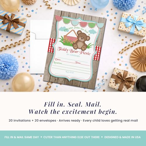 Teddy Bear Picnic Birthday Party Invitations, 20 5x7 Fill In Cards with Twenty White Envelopes by AmandaCreation - style: Teddy Bear Picnic