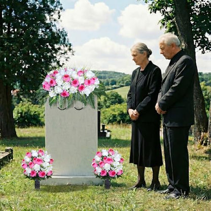 3 PCS Artificial Cemetery Flowers for Grave, Headstone Flower Saddle - color: Pink and White