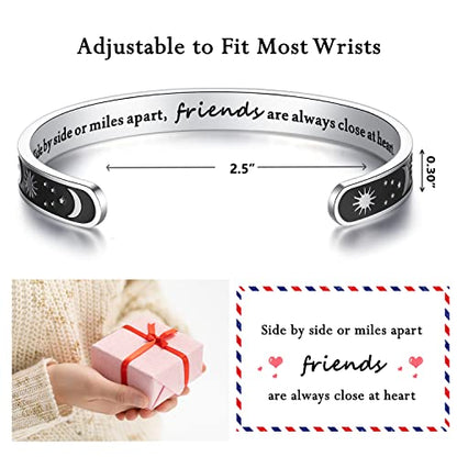 TONY & SANDY Inspirational Bracelets for Women Teen Girls Personalized Gifts for Daughter Granddaughter Mom Sister Friends Stainless Steel Engraved Cuff Birthday Easter Christmas - style: A - Friend Gifts - Sun & Moon - Side by side or miles apart, friend