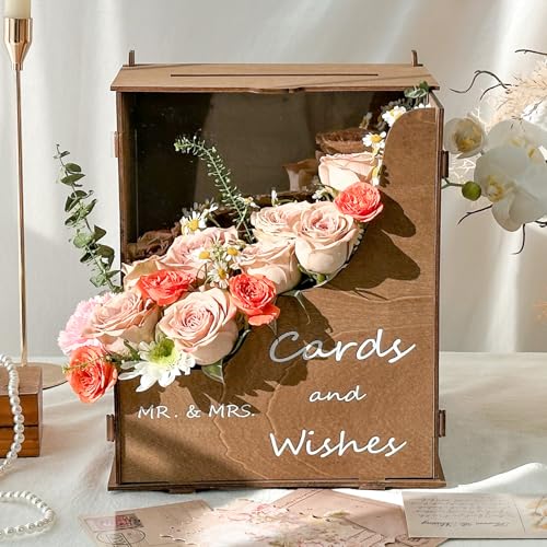 Wooden Wedding Card Box with Flower Trough & Acrylic Board for Reception | Rustic Brown Wedding Card Boxes for Reception, DIY Wave Flower Trough Design, Quick & Easy Assembly, Wedding Party Decor - color: Brown