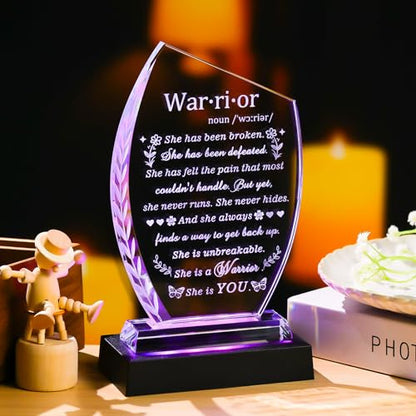 Inspirational Cancer Survivor Gifts for Women - Warrior She is You | Engraved Crystal Plaque Decor with Light Base, Cancer Fighter Patients Sympathy Gift for Woman Mom Friend Birthday Christmas - style: Cancer Survivor +Light Base