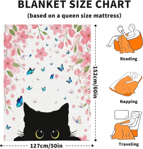 Black Cat Fleece Throw Blanket, Flowers Flannel Blankets for Couch 50"×60" - color: Black Cat