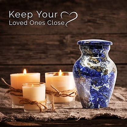 Set of 4 Elegant Marble Style Keepsake Urns – Metal Little Mini Urn for Human Ashes – Secure Screw Top – Small Personal Size – Blue Agate Finish - color: 4 Blue Agatha