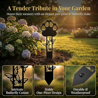 Memorial Garden Stake,Butterfly Paw Prints Metal Cross Grave Marker | for Dog & Cat, Suitable for Outdoor Cemeteries, Ideal Gifts to Honor Departed Pet - style: Butterfly Stake