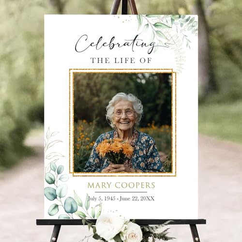 Personalized Funeral Welcome Sign – Celebration of Life Sign with Photo, Custom Memorial Sign with Floral Frame, Minimalist Memory Board for Funeral Décor (Design 1). - color: Design 1