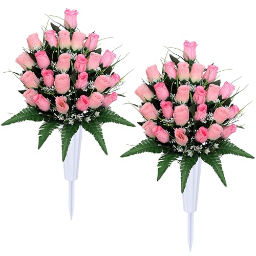 Artificial Cemetery Flowers with Vases 2 Sets Memorial Rose Bouquets for Outdoor Grave Decorations (Pink) - color: Pink