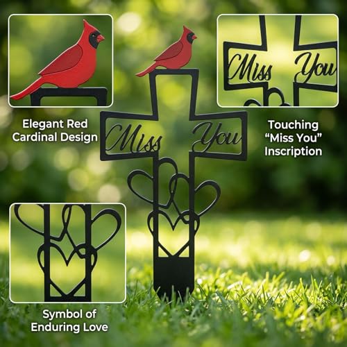 Miss You Cross with Cardinal, Metal Cemetery Memorial Plaque for Remembrance, Decorative Cemetery Stake with Heart and Cross Design, 6x12 Inch Outdoor Memorial Plaque for Graves and Gardens
