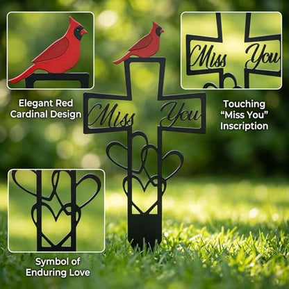 Miss You Cross with Cardinal, Metal Cemetery Memorial Plaque for Remembrance, Decorative Cemetery Stake with Heart and Cross Design, 6x12 Inch Outdoor Memorial Plaque for Graves and Gardens