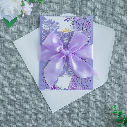 20 PCS 5.12x7.2 Butterfly Personalized Quinceanera Invitation, Customized XV Anos Laser Cut Invitation Cards with Envelopes (Violet Personalized) - color: 20 PCS Violet Personalized