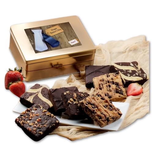 Dulcet Gift Baskets Fathers Day Brownie Assortment Gift Tin Baked Snacks Flavor including Chocolate Cheese Walnut Fudge-Chocolate Chip Blondie Gift for Men Dad Father Grandfather Him or Son - style: Father's Day