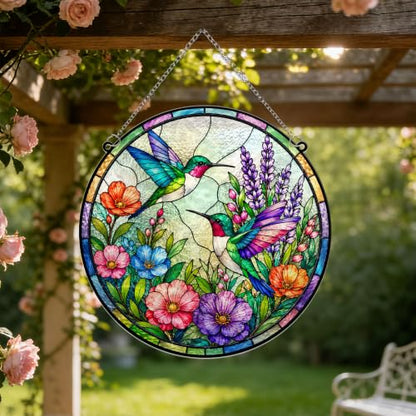 Hummingbirds with Flowers Memorial Suncatcher, 8" Christian Stained Glass Wavy Acrylic, Sympathy Gift for Loss of Loved One, Mom, Dad, Grandma, Family Members, Religious Gifts for Women - color: Hummingbird Round