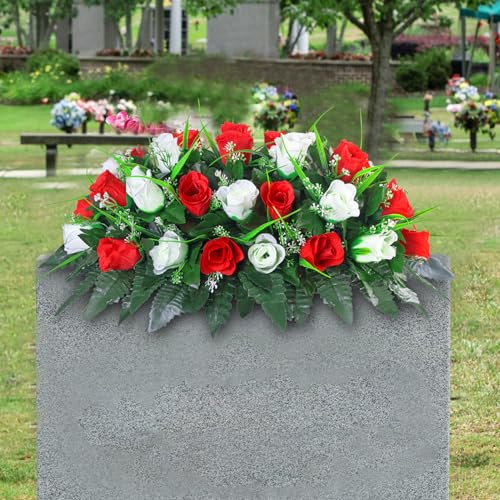 LVXINLI Artificial Cemetery Flower-Outdoor Grave Saddle Headstone Decorations,Red and White Rose Memorial Day Flowers for gravesite (Red and White)… - color: Red and White