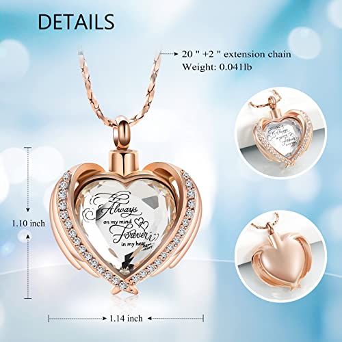 Imrsanl Cremation Jewelry for Ashes Pendant - Crystal Heart Urn Necklace with Mini Keepsake Urn Memorial Ash Jewelry - color: Rose Gold-White
