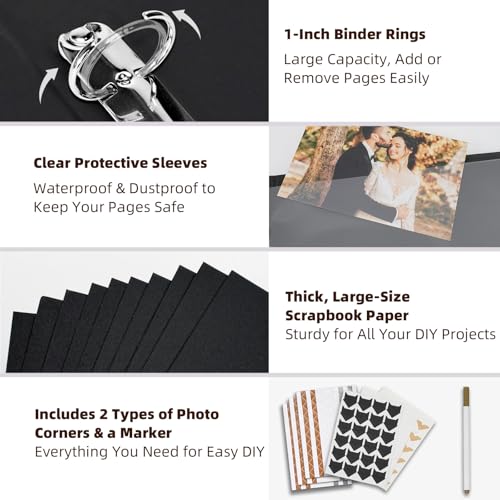 Vienrose 15"x13" Scrapbook Album Gift Set Faux Leather DarkBlue 100 Pages | 3 Ring Scrapbook With 100 Kraft Pages, 50 Plastic Sleeves, Blank Scrapbooks, Photobook, Valentine Gift Wedding Anniversary - color: Navy Blue, size: 15"X13" 50Sheets