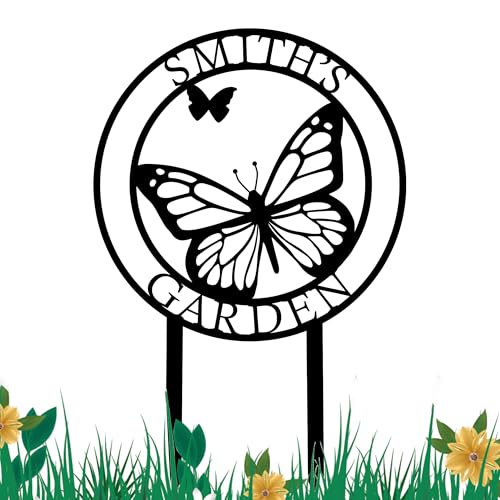 Custom Butterfly Metal Garden Sign with Stakes, Metal Yard Art, Personalized Butterfly Home Garden Decor, Garden Family Name Sign for Outdoor New Home Gift for Outside, Patio Decor, Housewarming Gift - color: Cstmdesign1