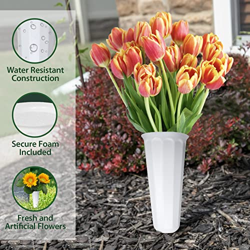 Memorial Floral Vases with Foam Included - (White, 2 Pack) | Outdoor In Ground Vases with Stakes, for Fresh and Artificial Flowers - size: 2-Pack