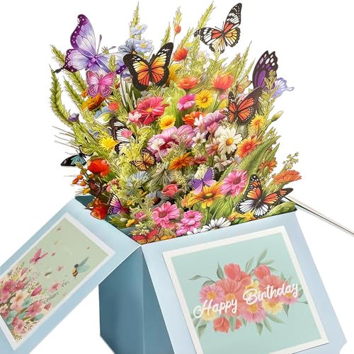 Pop Up Card, Wildflowers & Butterflies Birthday Card for Women | 3D Box Greeting Card for Mom, Wife, Daughter, Sister, Happy Birthday Gifts for Women, Blank Notecard & Envelope - color: Happy Birthday Wildflowers
