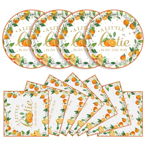 40 Pcs Little Cutie Baby Shower Plates and Napkins Party Supplies, 9 inch Disposable Paper Plates and Napkins A Little Cutie is on The Way Orange Cutie Birthday Party Decorations Tableware Set - color: Little Cutie