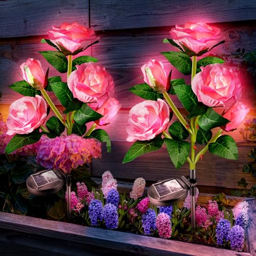 Anordsem Solar Garden Lights Outdoor: 10 Waterproof Fabric Roses 2 Pack - Pink LED Flower Decorations for Yard Patio Path Cemetery Grave - Mother’s Day Gift for Her Women Mom Wife - color: Pink, size: 2 Pack (LED luminous white)