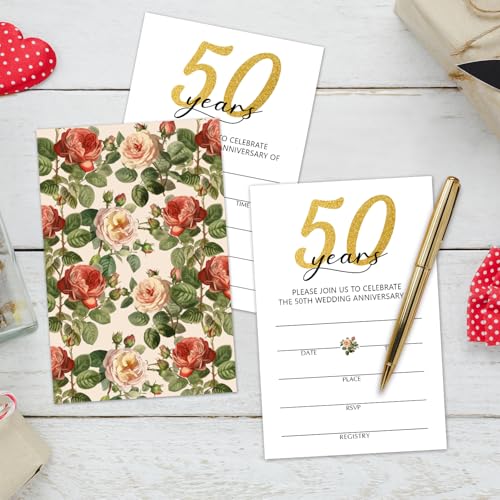 50 Years Anniversary Bridal Shower Invitations Cards, Set of 25 Gold Foil Floral Fill in Style 50th Year Wedding Invites Cards with Envelopes for Couples Marriage Party Supplies-T05 - color: 50 Years-01