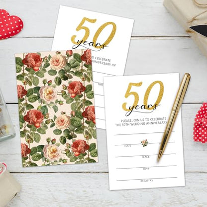 50 Years Anniversary Bridal Shower Invitations Cards, Set of 25 Gold Foil Floral Fill in Style 50th Year Wedding Invites Cards with Envelopes for Couples Marriage Party Supplies-T05 - color: 50 Years-01