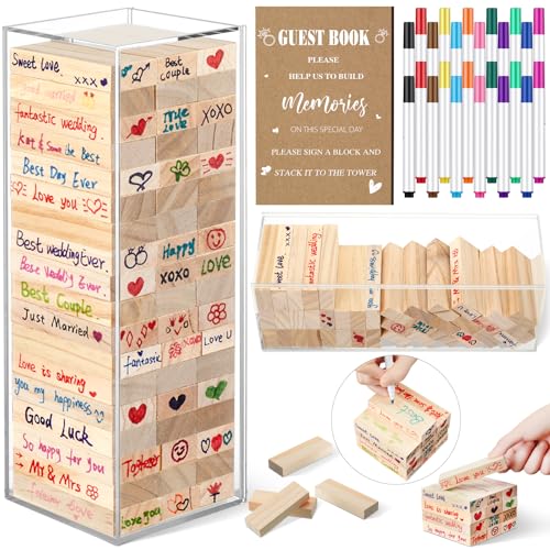 Beeveer 80 Pcs Wedding Guest Book Alternative Wooden Block Guest Book for Wedding Sign in Bridal Shower Decoration 54 Pcs Wooden Block Bridal Shower Game for Sign in, Reception(Boho) - style: Boho