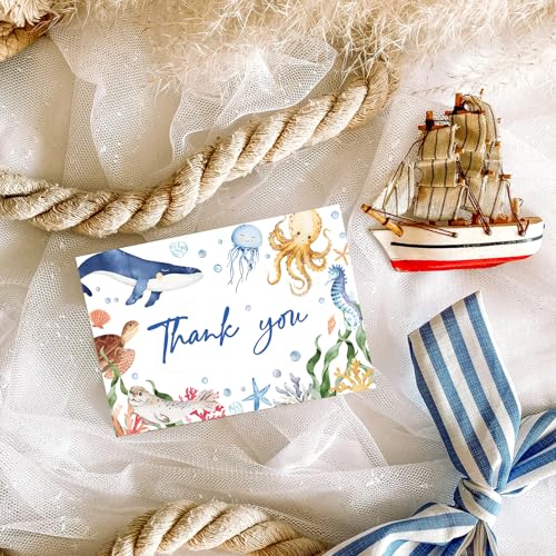 FYSUIMU 24 Pack Ocean Thank You Cards Blue Cartoon Under The Sea Note Cards with Envelopes Stickers Marine Animals Blank Greeting Card for Summer Birthday Baby Shower - style: Sea Animals
