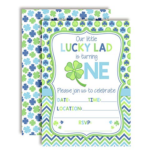Lucky Lad First Birthday Clover St. Patrick’s Day Party Invitations for Boys, 20 5x7 Fill In Cards with Twenty White Envelopes by AmandaCreation - style: Lucky Lad