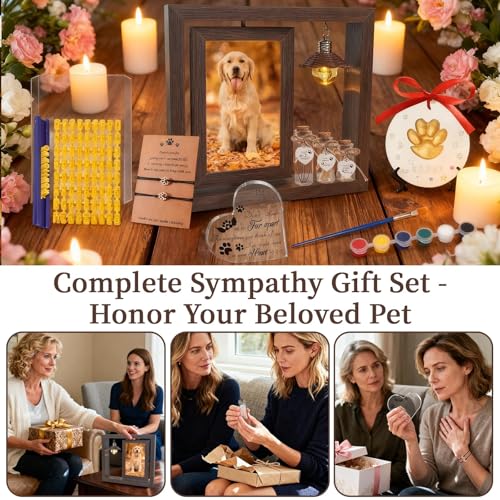 Pet Memorial Gifts for Dogs, Rotating Wooden Picture Frame for 4x6 Photo with Paw Print Kit Fur Jar Photo Album Bracelet Loss of Dog Sympathy Gift