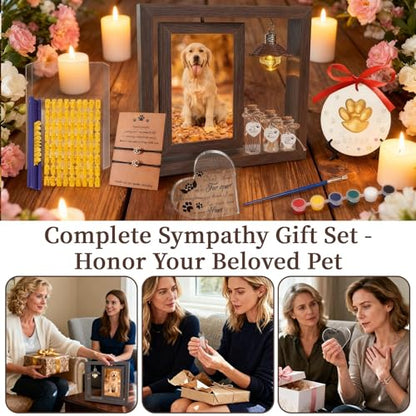 Pet Memorial Gifts for Dogs, Rotating Wooden Picture Frame for 4x6 Photo with Paw Print Kit Fur Jar Photo Album Bracelet Loss of Dog Sympathy Gift