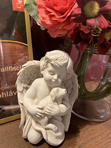 KiaoTime Angel with Dog Statue Pet Dog Memorial Statue Indoor Outdoor Home Garden Guardian Rememberance Dog Puppy Figurine, 7-in