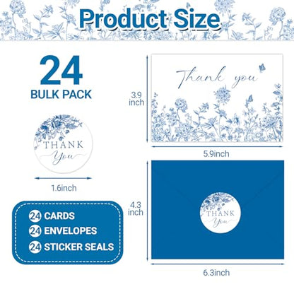 24 Pack Blue Floral Thank You Cards With Envelopes and Stickers, Blue Porcelain Flowers Thank You Cards for Summer Wedding Bridal, Baby Shower, Graduation Ceremony Birthday Greeting Letter - style: 24pcs - Celadon Flowers