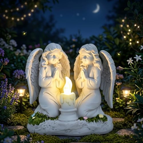 AVEKI Solar Angel Statue Outdoor Memorial Light, Dual Praying Angels Garden Decoration for Lost Pets and Loved Ones, Sympathy Gift, Waterproof Resin Eternal Light Figurine for Cemetery Grave Decor - color: H