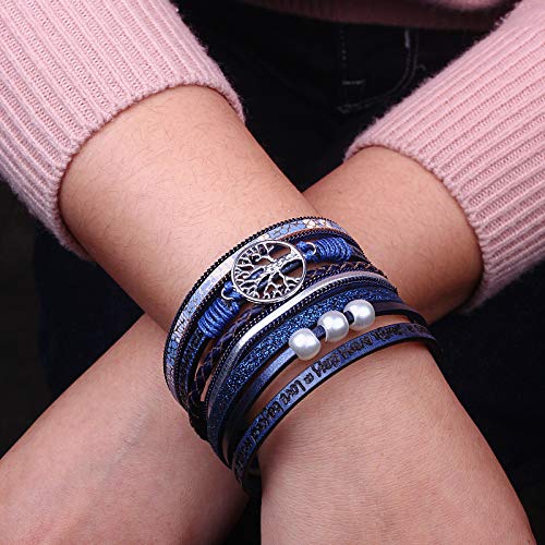 Tree of Life Inspirational Leather Wrap Bracelets Boho Western Cowgirl Cuff - color: Navy Blue