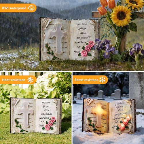Solar Bible Cross Garden Statue Light, Memorial Grave Decor for Cemetery | IP65 Waterproof Resin Cross Flower with Stakes, Remembrance for Loss of Loved One, Outdoor Yard Patio Lawn Decoration
