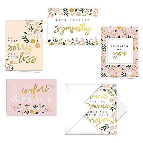 Canopy Street Modern Floral Sympathy Cards / 25 Loss Grief Comfort Cards / 5 Floral Thinking Of You Greeting Card Designs / 4 5/8" x 6 1/4" Condolences Note Cards - color: Modern Floral