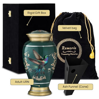 Remoria Cremation Urns for Human Ashes, Large Adult Green Hummingbird Urn | Funeral Urn for Female & Male, 185 Cu In, Gift Box and Velvet Bag Included - color: Green