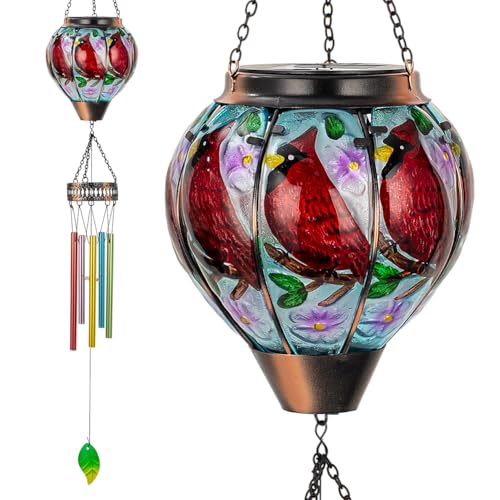 40.2" Red Cardinal Solar Wind Chimes with Lanterns for Outside | Hanging Wind Chime Deep Tone,Windchimes Outdoor,Memorial Wind Chime for Mom,Outdoor Windchime for Loss of Loved One - color: C-cardinal