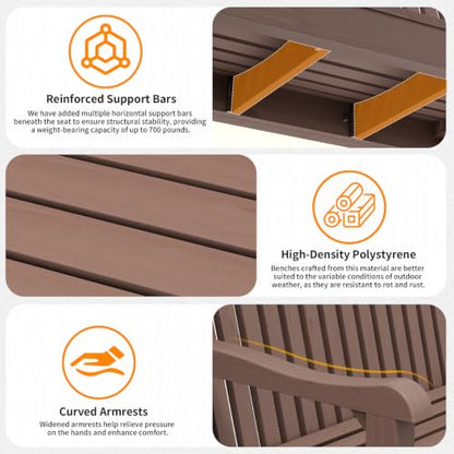 2-Person Outdoor Bench with 700 Lbs Weight Capacity, Brown | Poly Lumber Weatherproof Garden Bench Seating for Porch, Balcony and Park, All-Weather Patio Bench Furniture - color: Brown