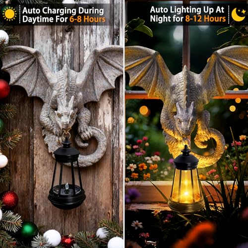 Solar Dragon Tree Hugger Garden Statue, Wall Hanger Dragon Figurine Decor | 9.8in Resin Dragon Decor with Solar Lights, Outdoor Waterproof for Tree Wall Fence Porch Yard, Gifts for Mom Women Birthday - style: 1 Pack - Dragon with Lantern