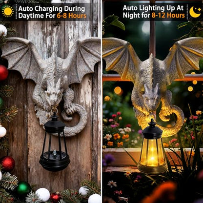 Solar Dragon Tree Hugger Garden Statue, Wall Hanger Dragon Figurine Decor | 9.8in Resin Dragon Decor with Solar Lights, Outdoor Waterproof for Tree Wall Fence Porch Yard, Gifts for Mom Women Birthday - style: 1 Pack - Dragon with Lantern