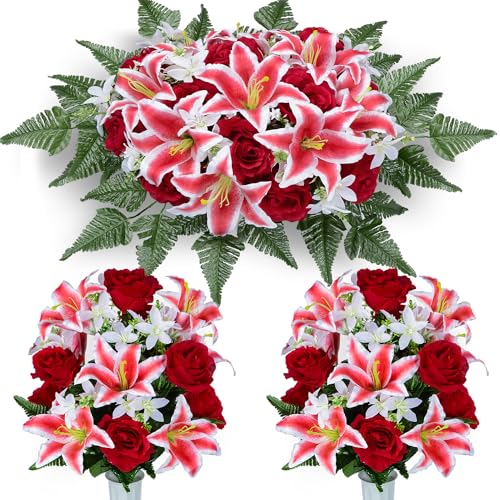 XONOR Artificial Cemetery Flower Saddles, Cemetery Memorial Flowers with Vase for Grave Tombstone Decorations, Lily Rose Headstone Flowers Saddle(1 Saddle 2 Bouquets) - color: Red