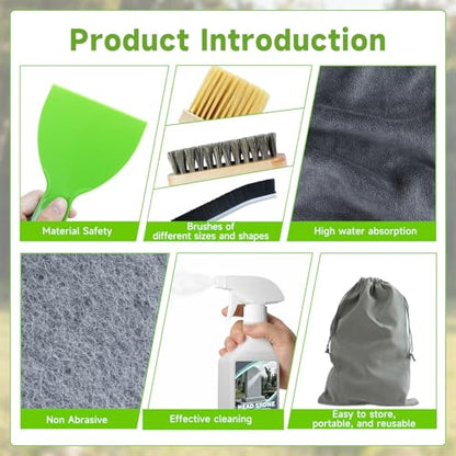 9 PCS Headstone Cleaner Gravestone Cleaning Kit for Granite and Stone Daily Cleaner Includes Brush, Dust Brush, Crevice Brushes, Gloves, Scraper, Sponge, Cloth, Headston Cleaning Solution, Storage Bag
