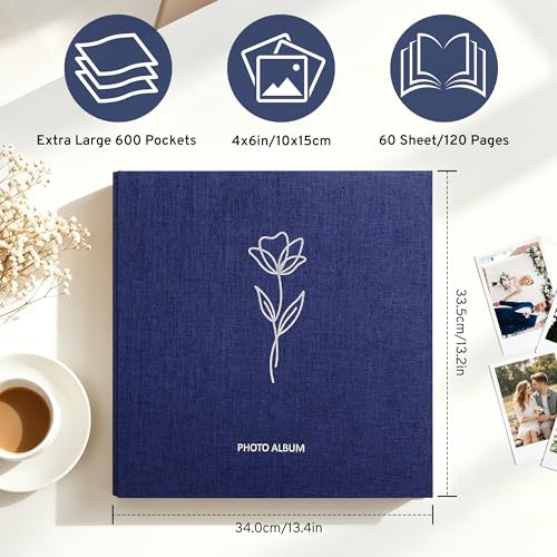 DazSpirit 4x6 Photo Album, 600 Photos, Large Capacity, Linen Hardcover | Blue Floral Photo Book, Acid-Free Slip-In Pages, Memory Album for Wedding, Baby, Anniversary, Travel and Family Photos - color: Dark Blue