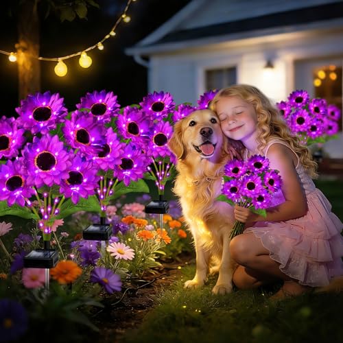 ANGMLN Solar Garden Lights 4 Pack 24 Purple Solar Sunflower Lights - color: 6 Head Sunflower Purple