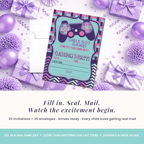 Girls Got Game Video Gaming Birthday Party Invitations for Girls, 20 5x7 Fill In Cards with Twenty White Envelopes by AmandaCreation - color: Girls Got Game Video