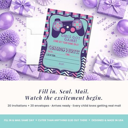 Girls Got Game Video Gaming Birthday Party Invitations for Girls, 20 5x7 Fill In Cards with Twenty White Envelopes by AmandaCreation - color: Girls Got Game Video