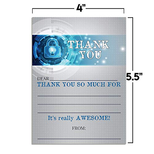 Kids Thank You Cards Escape Room Birthday Party Thank You Notes, Ten 4" x 5.5" Fill-In The Blank Cards with 10 White Envelopes by AmandaCreation - style: Kids Thank You Cards Escape Room