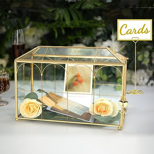 Glass Wedding Card Box with Lock, 12.6x5.9x9 inches Large Gold Card Boxes | Wedding Card Boxes for Reception, Glass Card Box for Wedding, Graduation, Keepsake Display, Party Centerpiece Decorative Box - size: 12.6 x 5.9 x 9 Inches with Arch